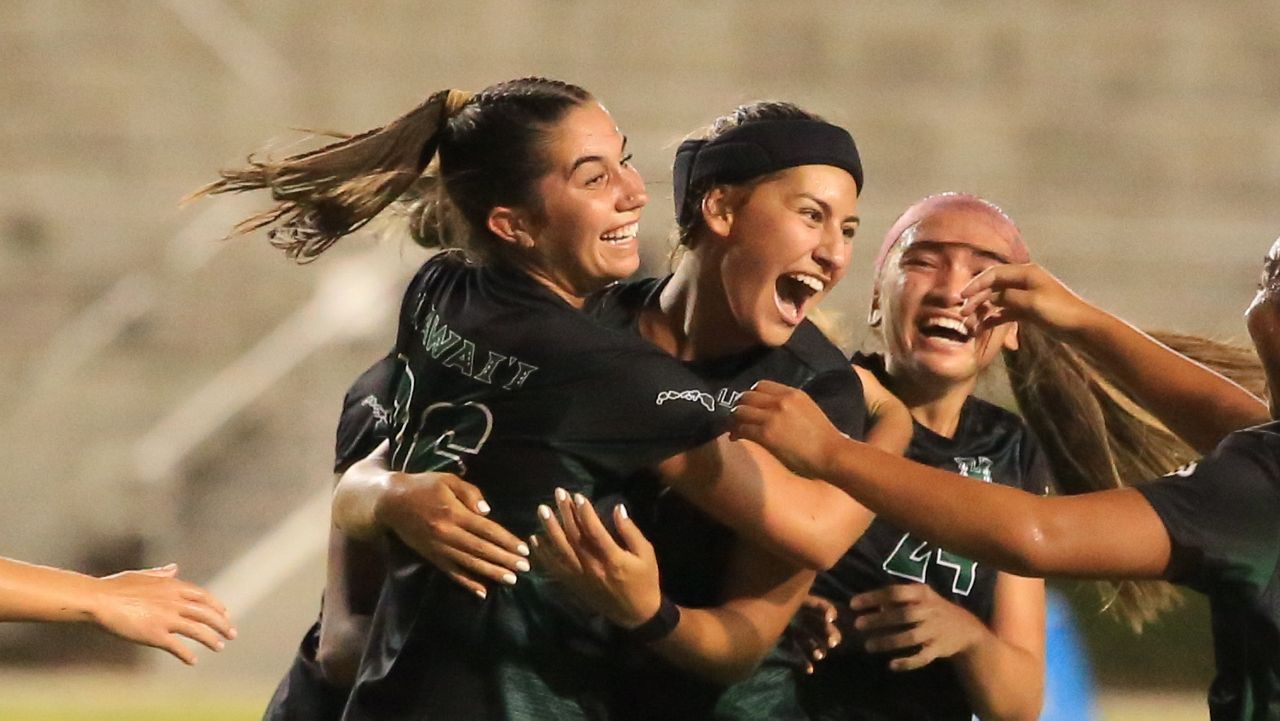 Hawaii soccer's Cate Sheahan, center left, and Nalani Damacion, center right, celebrated Damacion's goal against Georgia Southern in the UH season opener. The two had the game-tying and game-winning goals in the final 10 minutes at Portland State on Thursday. 