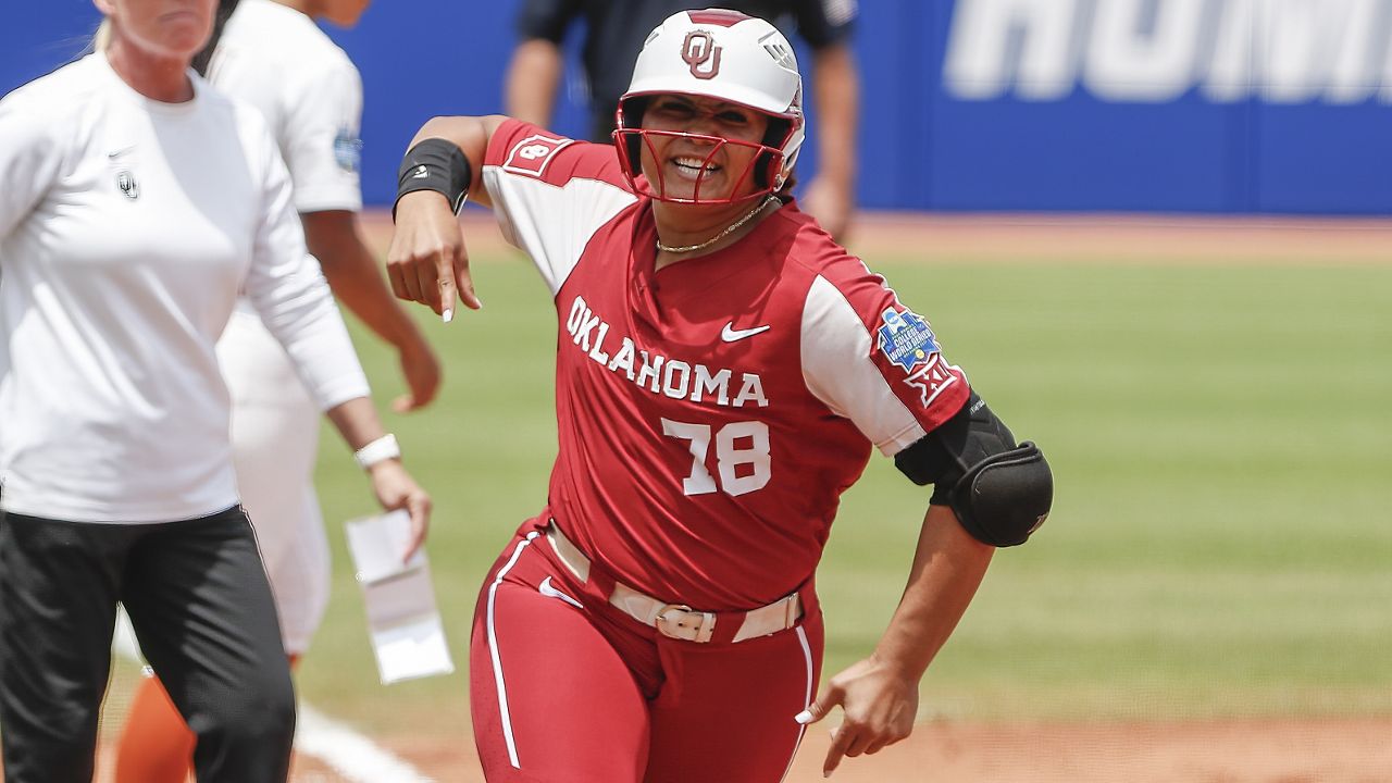 Former Oklahoma softball star Jocelyn Alo, seen in June 2022, signed a one-month contract with the Savannah Bananas exhibition baseball team and had her first hit in a series in Fresno, Calif., over the weekend.