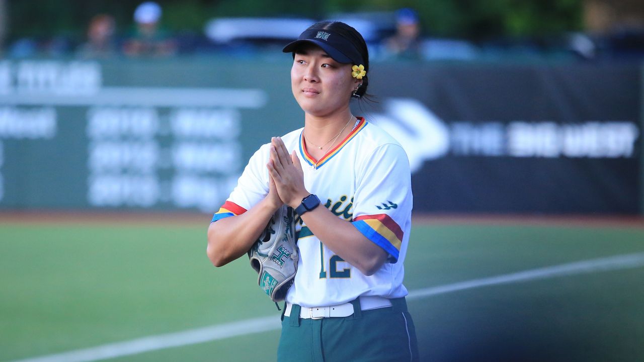 An emotional Maya Nakamura gestured a thank you to fans during a brief appearance at first base before the injured captain was subbed back out of Hawaii's home finale against Cal State Fullerton at Rainbow Wahine Softball Stadium on Saturday.