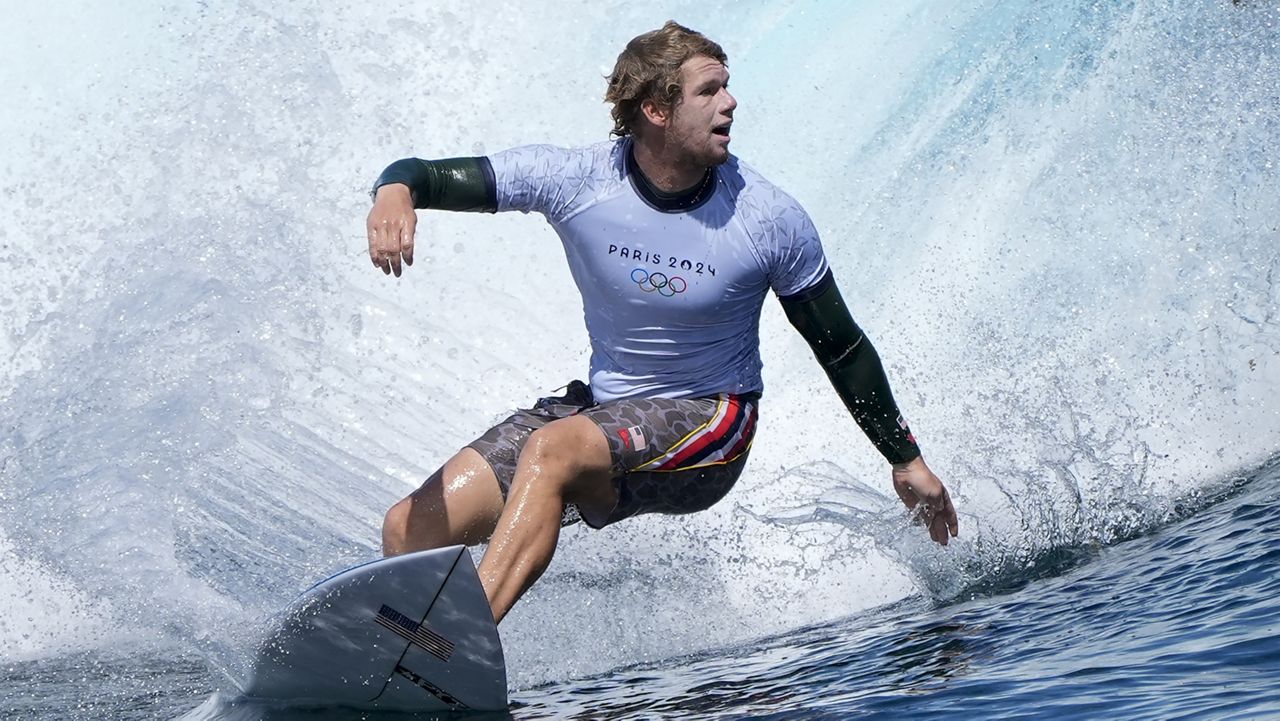 Oahu North Shore native John John Florence, seen at the 2024 Paris Olympics in Teahupo'o, Tahiti in July, won his third career WSL world championship on Friday. (AP Photo/Gregory Bull)