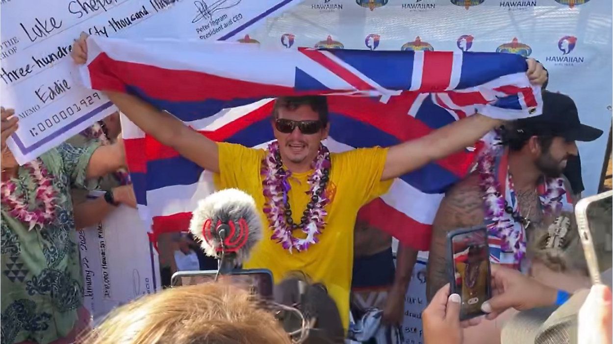 Honolulu lifeguard Luke Shepardson celebrated his win at the Eddie Aikau Big Wave Invitational in January 2023. Shepardson is among the invitees at Waimea Bay as 'The Eddie' is a go for Sunday.