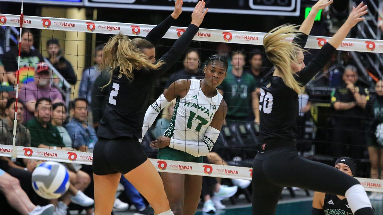 Hawaii hitter Caylen Alexander, seen against Texas State on Sept. 10, returned from an absence to deliver 24 kills in a five-set win at UC San Diego on Friday. 