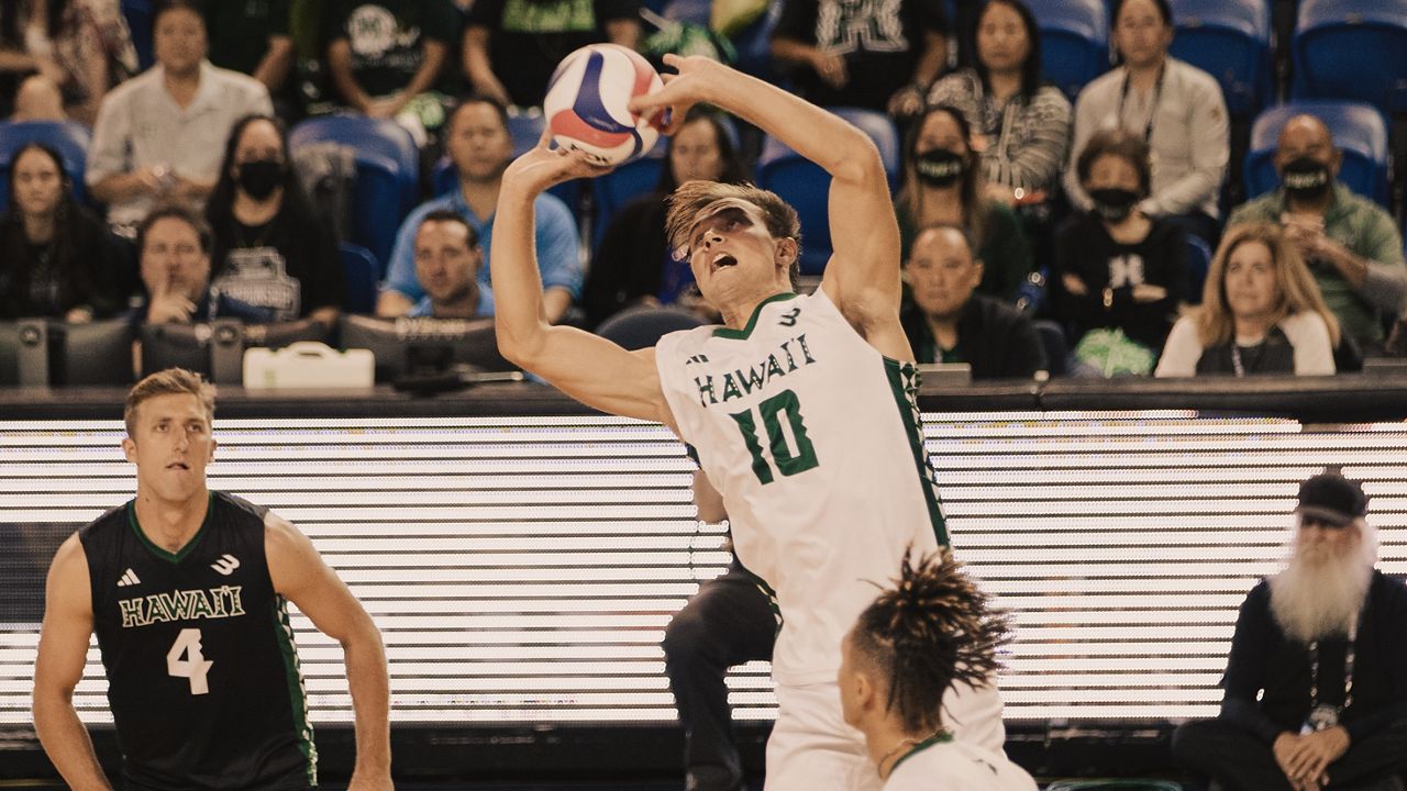 Jakob Thelle set a ball for Hawaii against UC Santa Barbara in the Big West semifinals at the Bren Events Center in Irvine, Calif., on Friday.