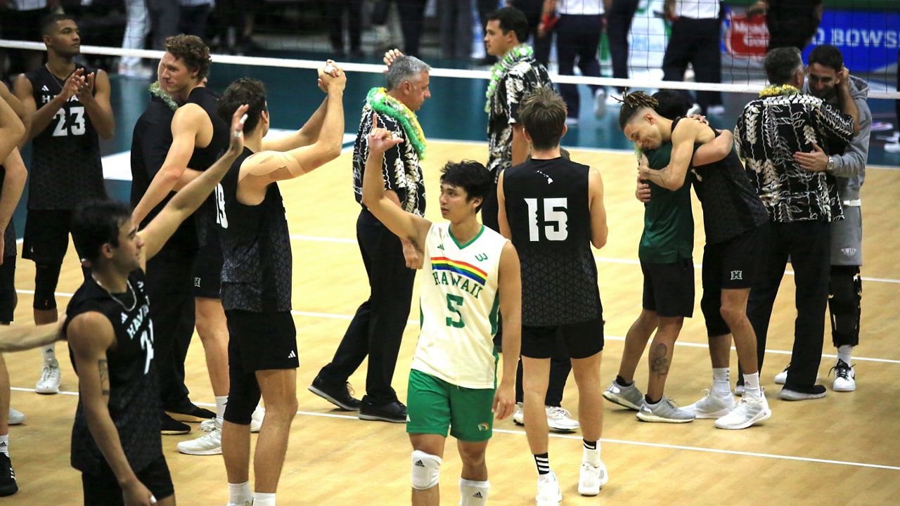 Members of the Hawaii men's volleyball team greeted each other and UH fans in a daze after they were swept by UC Irvine in the Outrigger Big West championships on Friday night at the Stan Sheriff Center.