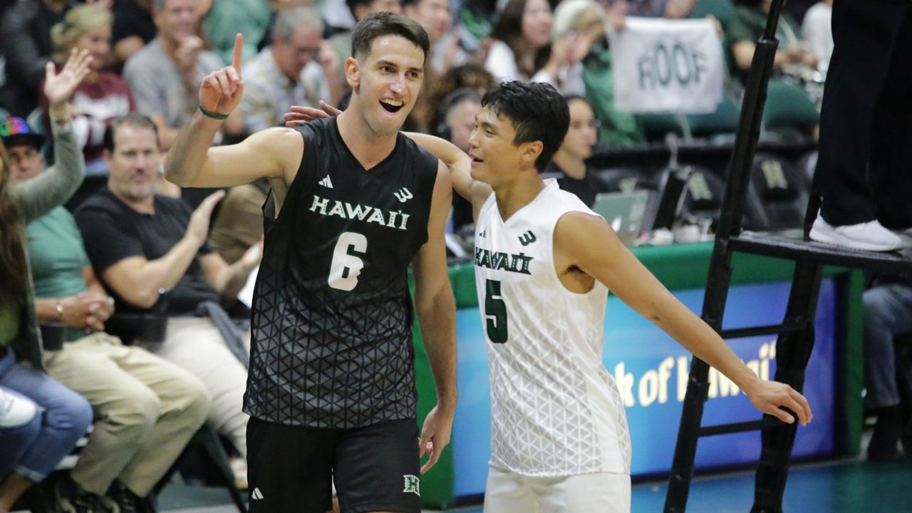 Hitter Spyros Chakas, left, supplied 16 kills while libero ‘Eleu Choy had a career-high 15 digs in Hawaii's 2024 season-opening win over Loyola Chicago on Wednesday night.