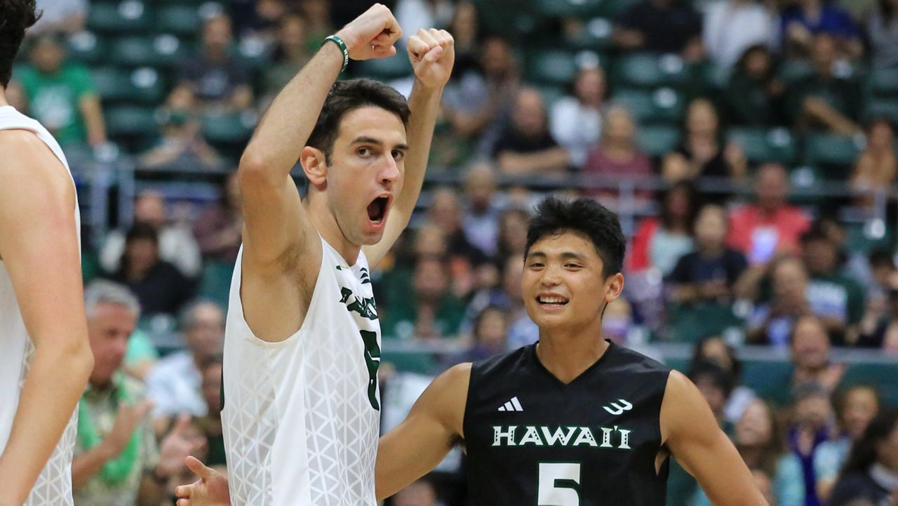 Hawaii hitter Spyros Chakas cheered after a point next to libero ‘Eleu Choy against Sacred Heart on Friday night. Despite a subpar match from Chakas, the Rainbow Warriors swept the Pioneers.