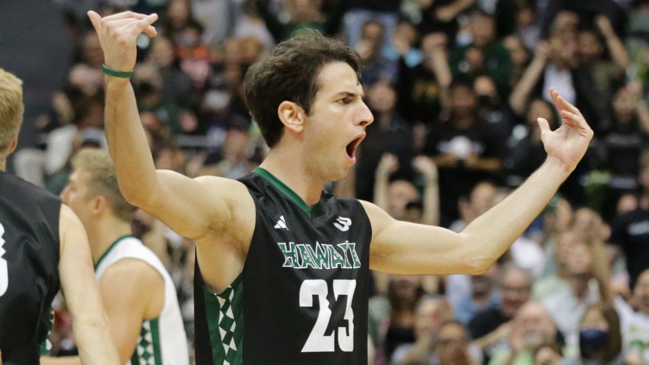 Hawaii hitter Spyros Chakas, seen against UCLA on March 11, is a returning featured player for the Rainbow Warriors in 2024.