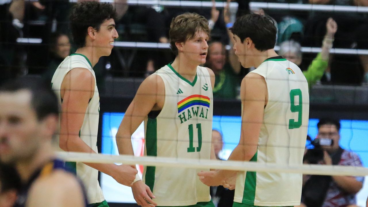 Hawaii freshman opposite Finn Kearney, middle, seen in the Big West men's volleyball championship, had a team-high 16 kills, 10 digs and four aces in a win over Penn State in the NCAA Tournament quarterfinals in Columbus, Ohio, on Thursday. Middle Justin Todd, right, had eight kills, including the match-winner.