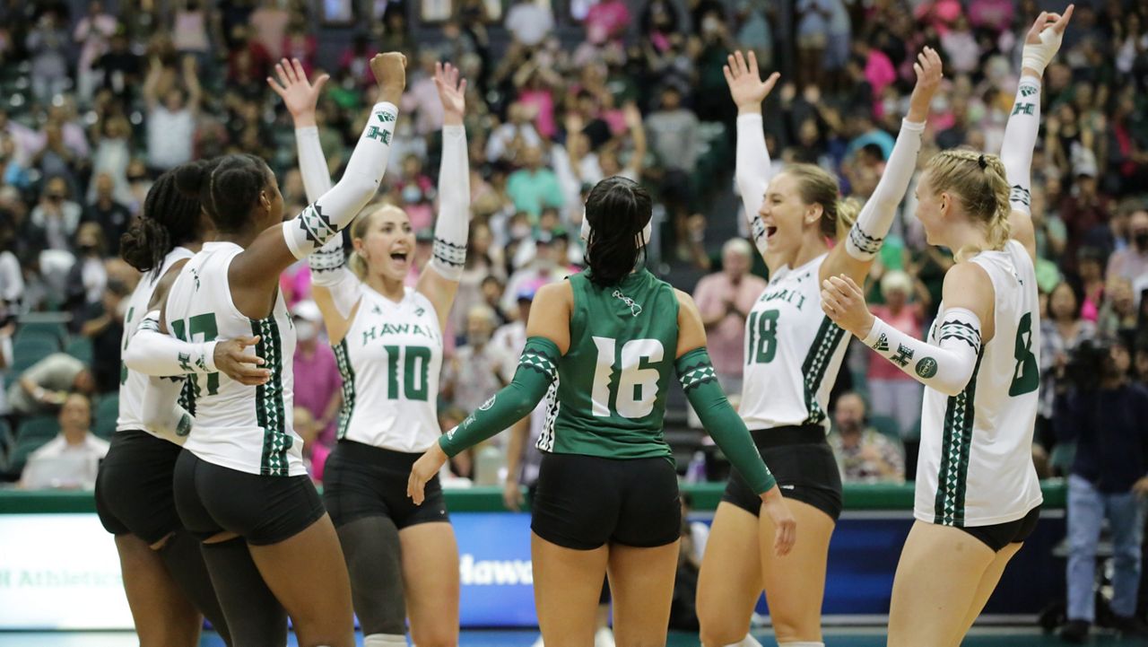 The Hawaii women's volleyball team, seen in a win over UC Irvine last week, rallied to defeat Cal Poly in four sets on Saturday. 