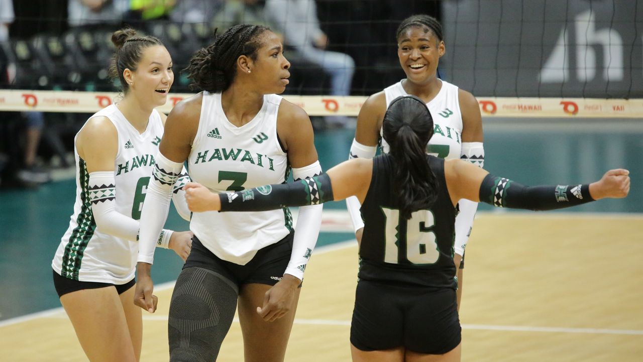 Hawaii volleyball players, from left to right Riley Wagoner, Amber Igiede, Tayli Ikenaga and Caylen Alexander, seen last week against Long Beach State, earned a chance to face the Beach once more for the Big West tournament championship Saturday at the Walter Pyramid.