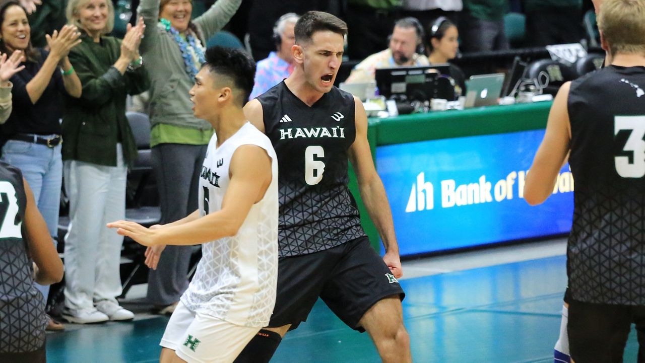 Hawaii hitter Spyros Chakas, middle, seen on Wednesday against Stanford, erupted for 23 kills on 30 swings in the rematch with the Cardinal on Friday.