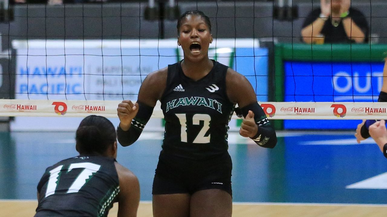 Hawaii freshman middle Miliana Sylvester reacted to a big play against SMU in the 2024 season opener. Sylvester, a University Lab School graduate, had one of her best games to date against Cal State Fullerton on Saturday night while top hitter Caylen Alexander (17) sat against the Titans.