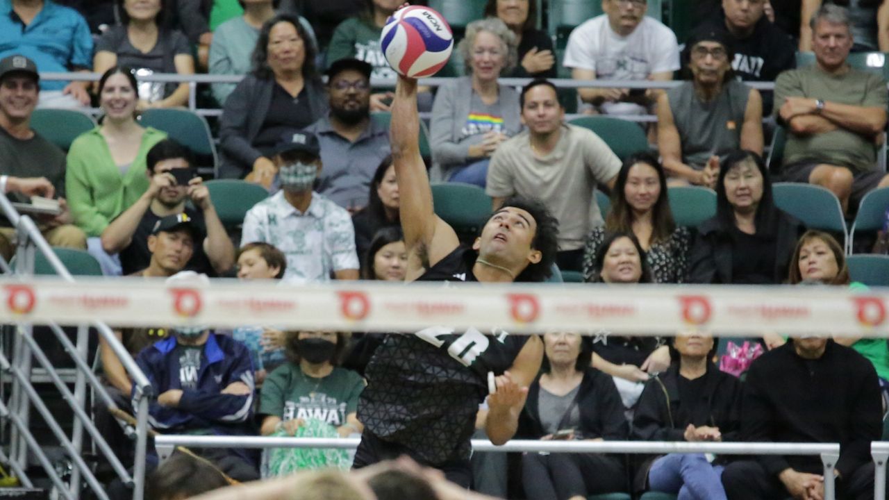 Hawaii hitter Keoni Thiim, seen against Emmanuel last month, fired a career-high seven service aces in a sweep of Tusculum on Friday, Feb. 2, 2024. (Spectrum News/Brian McInnis)