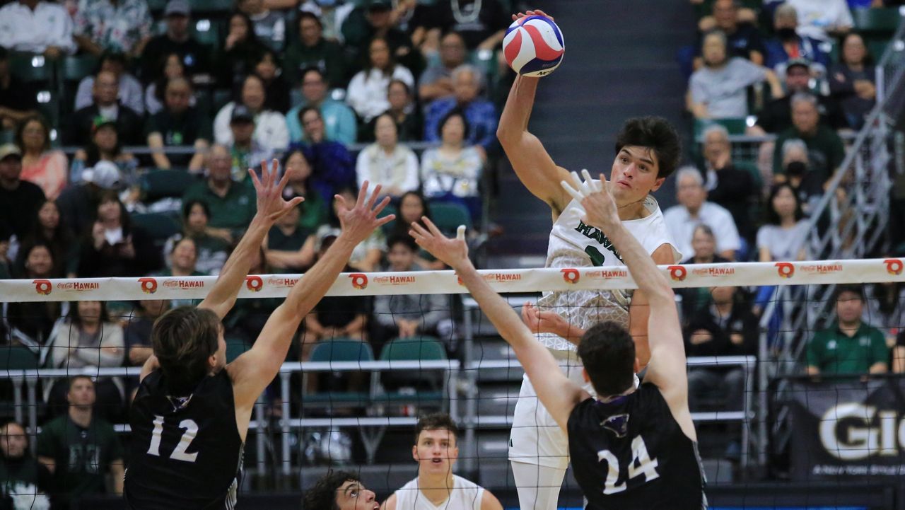 Hawaii middle Justin Todd went up high for a kill against McKendree in the third set of the 2025 season opener at the Stan Sheriff Center on Friday night.