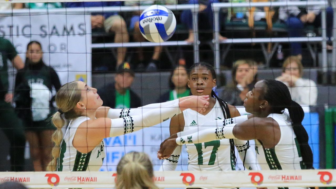 The Hawaii women's volleyball team, seen against UC Davis on Oct. 11, was sent to its first sweep loss of the season at UC Santa Barbara on Saturday.