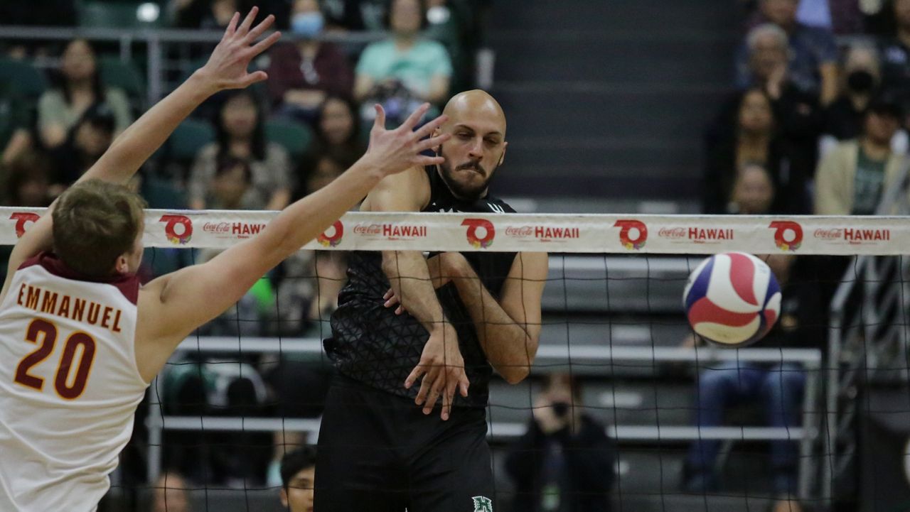 Hawaii middle Guilherme Voss, seen against Emmanuel at home earlier in January, had nine kills on 10 error-free swings in UH's four-set win at Ball State on Sunday.