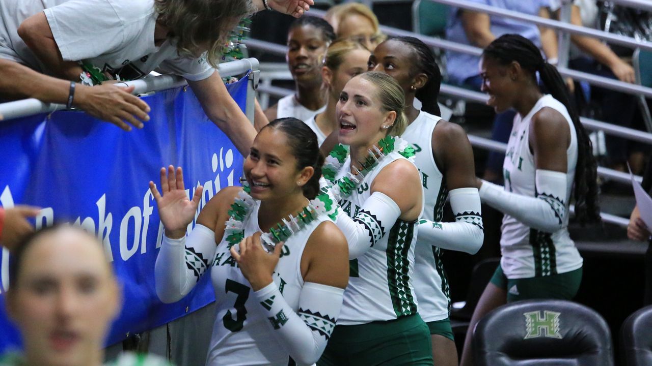 Hawaii women's volleyball players received lei from the "aunties" in the Stan Sheriff Center lower bowl after beating Texas State on Sept. 10. 