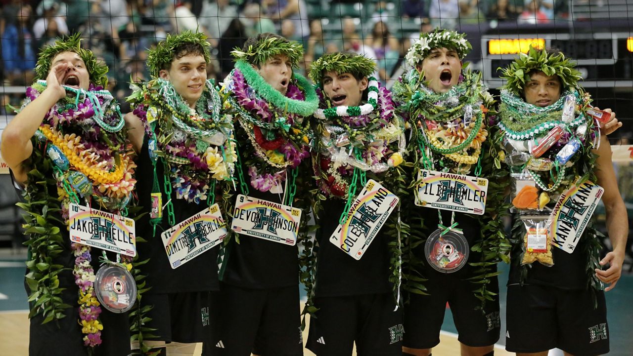 The Rainbow Warriors' six outgoing players – Jakob Thelle, Dimitrios Mouchlias, Devon Johnson, Cole Hogland, Filip Humler and Kana‘i Akana – let out a "chee-hoo" after traditional senior ceremonies on Saturday night.