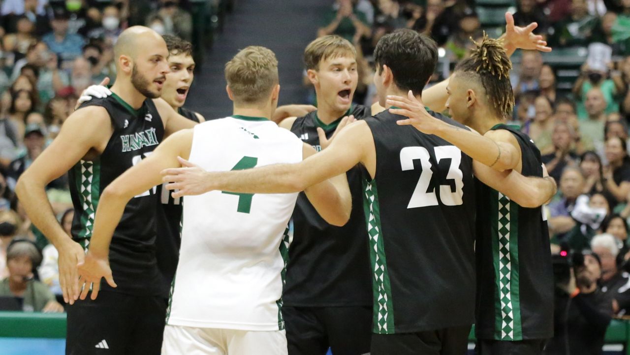 All six pictured members of the Hawaii men's volleyball team – from left to right, Guilherme Voss, Dimitrios Mouchlias, Brett Sheward, Jakob Thelle, Spyros Chakas and Chaz Galloway – were named to the All-Big West first team on Wednesday.