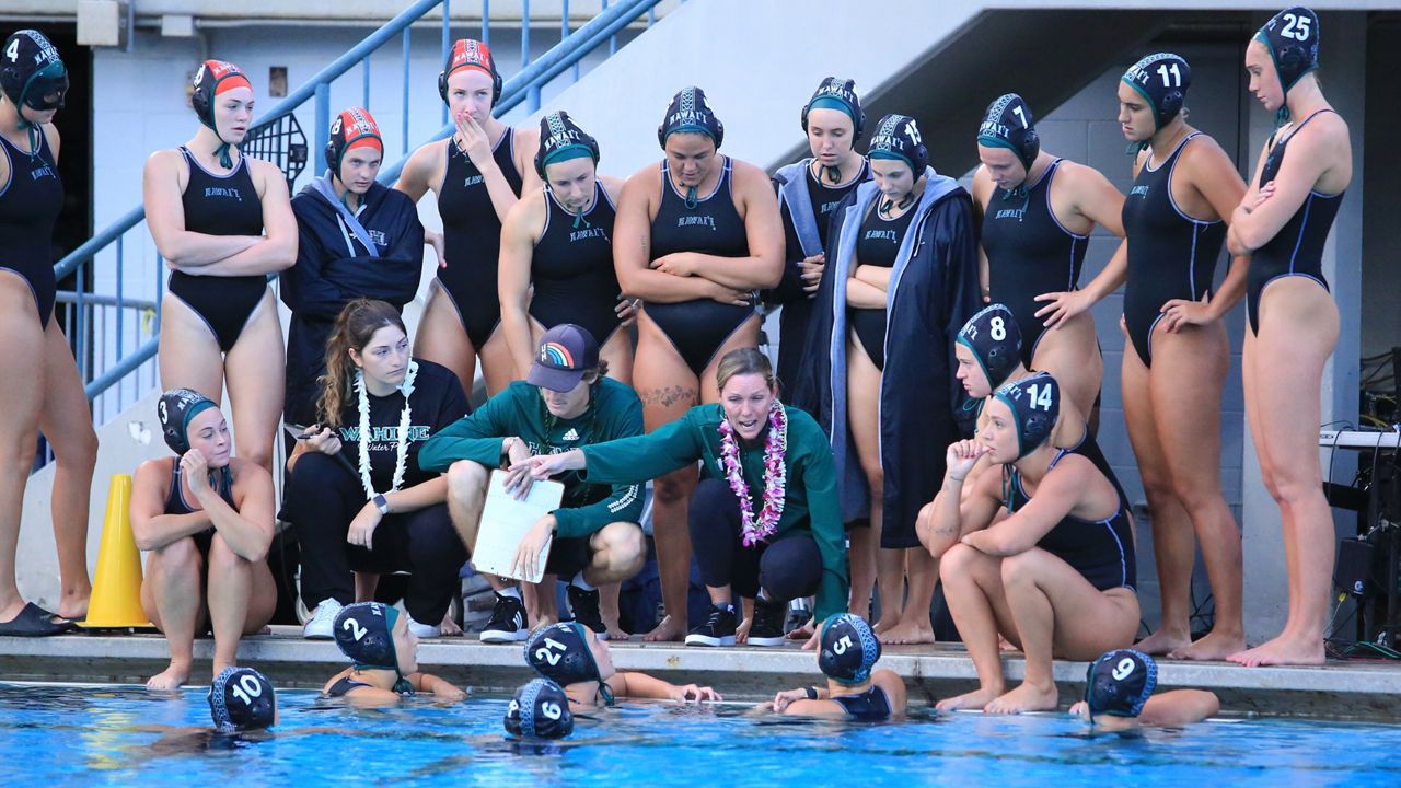 The Hawaii water polo team, seen on senior night last month, saw its 2024 season come to an end with a 9-6 loss to Cal in the NCAA semifinals on Saturday.