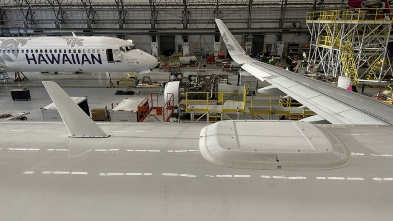 The Starlink terminal is installed on the top of the aircraft, as shown in the bottom right of this image. (Photo courtesy Hawaiian Airlines)