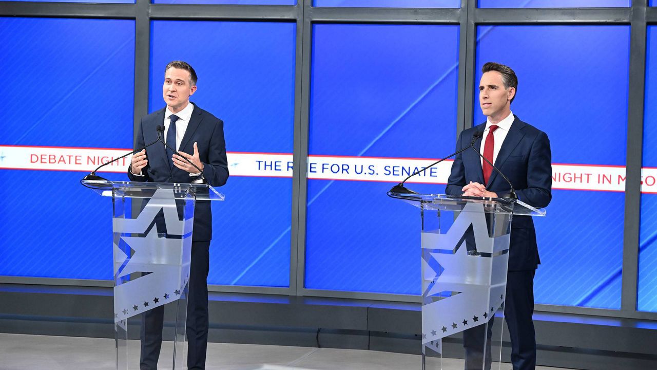 Democrat Lucas Kunce (left) and Republican Josh Hawley (right) participated in a live hourlong debate Thursday Oct. 31, 2024 at the studios of KTVI-TV in Maryland Heights, Mo. for the only televised debate in the race for Missouri's U.S. Senate seat. (KTVI/FOX2)