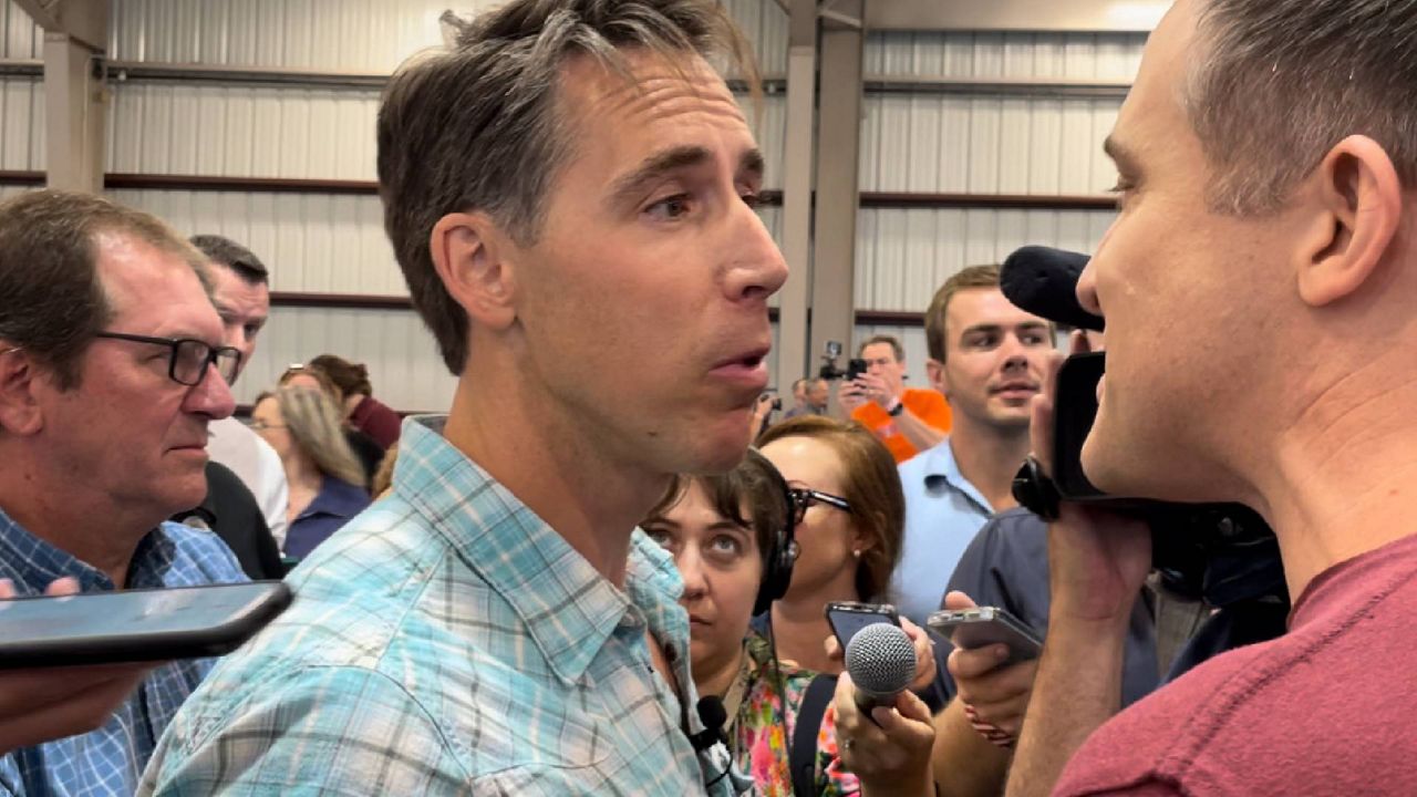 U.S. Sen. Josh Hawley (R-Mo) (left) and Lucas Kunce, the Democratic nominee for the Senate came toe-to-toe at Thursday's annual Governor's Ham Breakfast at the Missouri State Fair in Sedalia. (Spectrum News/Gregg Palermo)