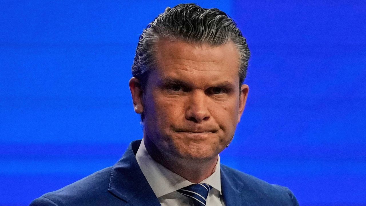 U.S. Defense Secretary Pete Hegseth delivers his speech during the 22nd Shangri-La Dialogue summit in Singapore, Saturday, May 31, 2025. (AP Photo/Anupam Nath,File)