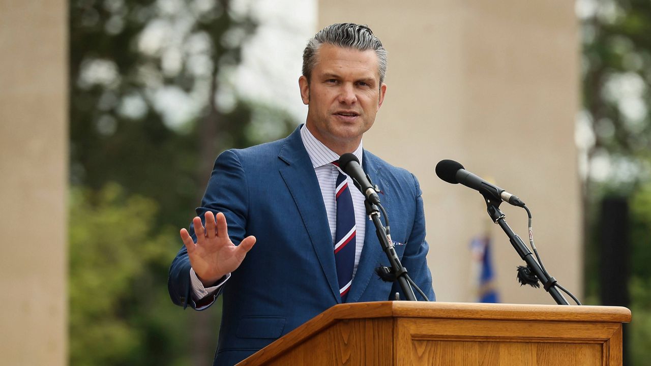 U.S. Defense Secretary Pete Hegseth delivers a speech during the international ceremony commemorating the 81st anniversary of the D-Day landings, Friday, June 6, 2025 on Utah Beach, Normandy. (AP Photo/Thomas Padilla)