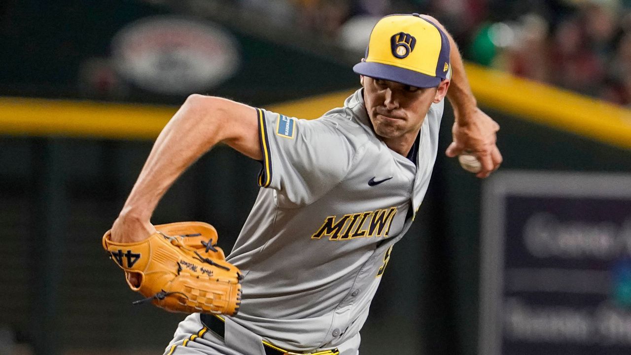 Milwaukee Brewers pitcher Hoby Milner throws against the Arizona Diamondbacks during the seventh inning of a baseball game, Saturday, Sept. 14, 2024, in Phoenix. (AP Photo/Darryl Webb, File)