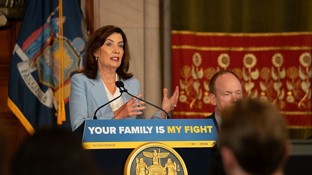 Gov. Kathy Hochul speaks to reporters in the state Capitol in Albany on Thursday. Courtesy Gov. Kathy Hochul's office