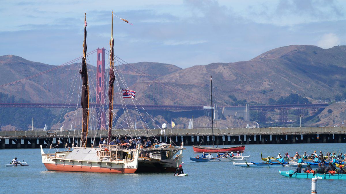 The arrival of voyaging canoe Hokulea and her crew in San Francisco. (Photo courtesy Polynesian Voyaging Society/Christina Leung)