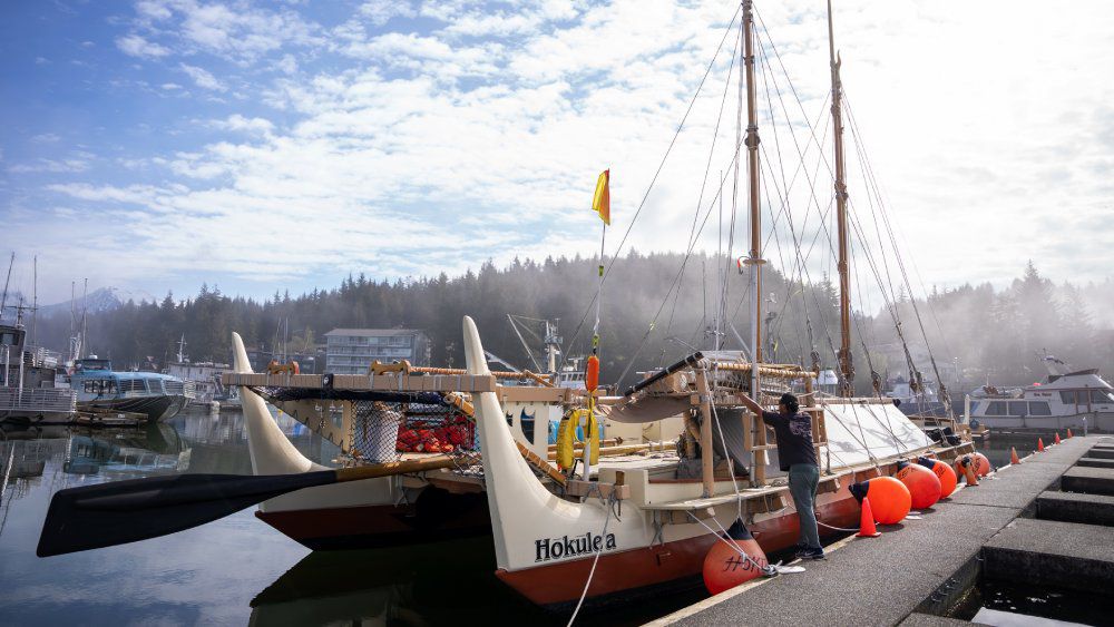 Hokulea docked at Auke Bay Harbor before heading off on the Alaska Heritage Sail. (Photo courtesy Polynesian Voyaging Society)