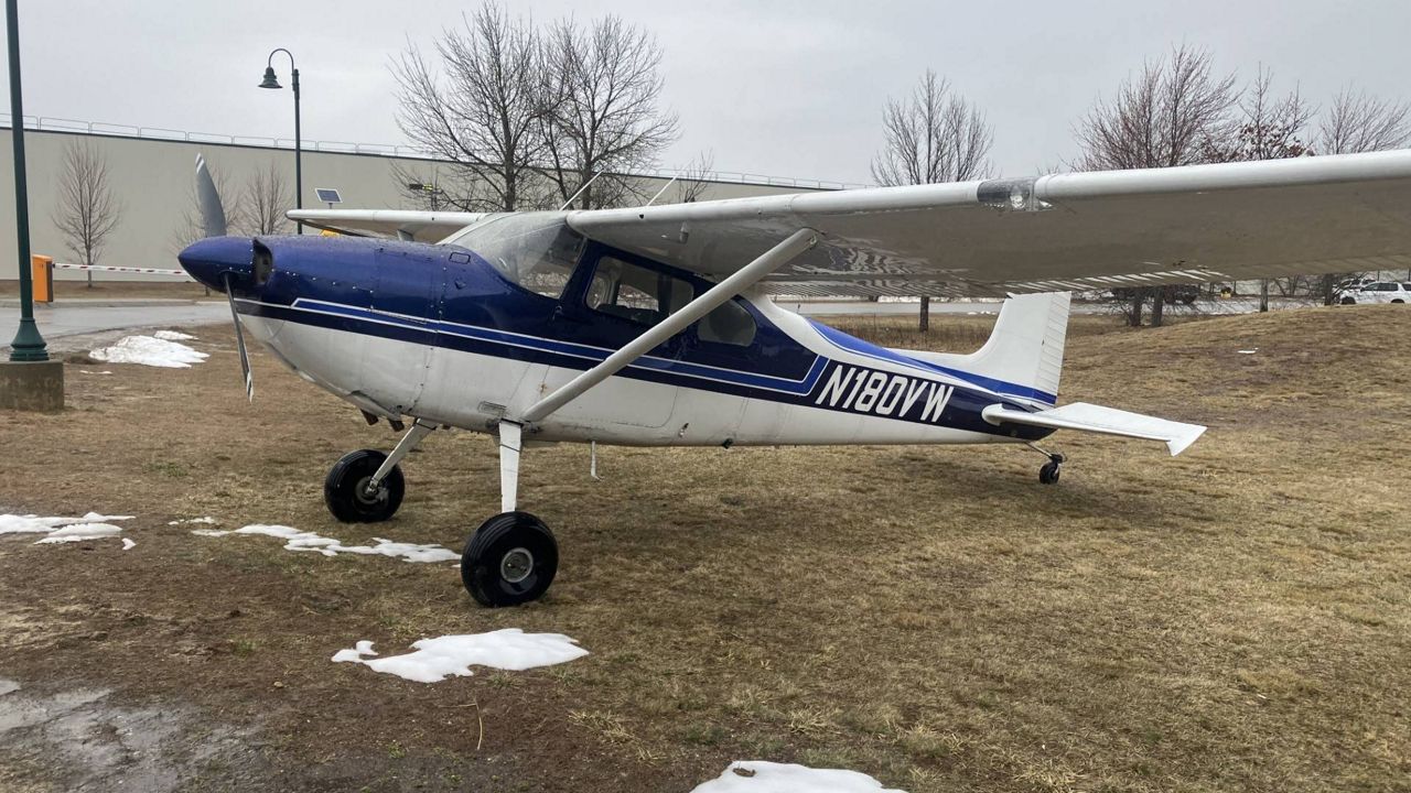 A pilot headed for Portsmouth, New Hampshire, had to make an emergency landing in this plane in Hollis Wednesday afternoon. The pilot, who had run out of fuel, landed safely. (York County Sheriff's Department)