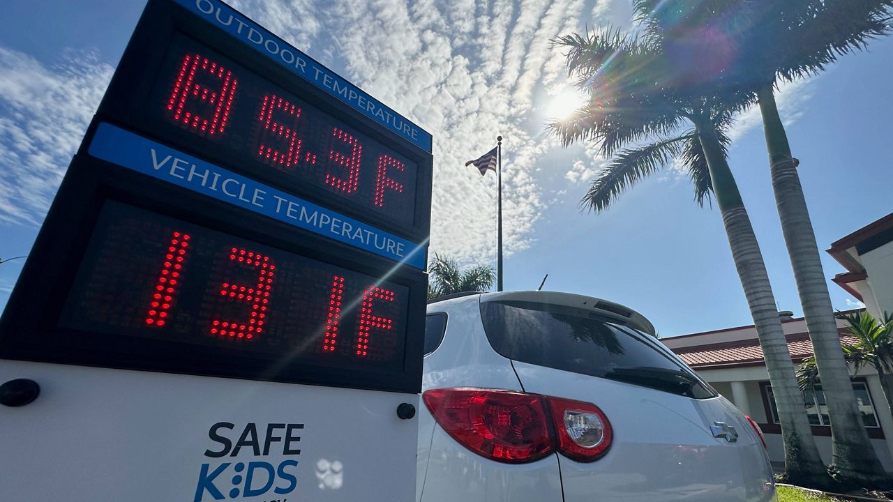 Outside temperature is displayed in comparison to the inside temperature of a vehicle on Thursday June 26, 2025 in Belle Glade, Fla. during an event to raise awareness about the dangers of leaving children unattended in vehicles. (AP Photo/Cody Jackson)