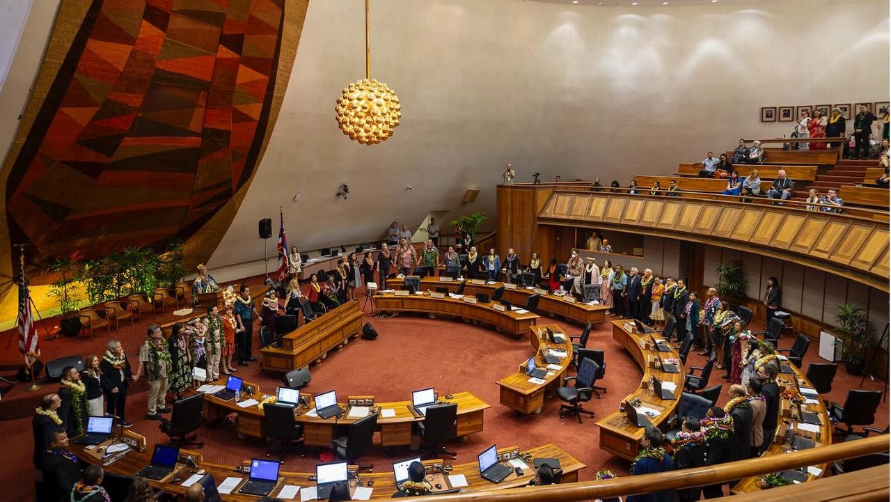 Members of the state House of Representatives rose in unison to sing "Hawaii Aloha" on the final day of the 2024 Legislative session. (Hawaii House of Representatives) 