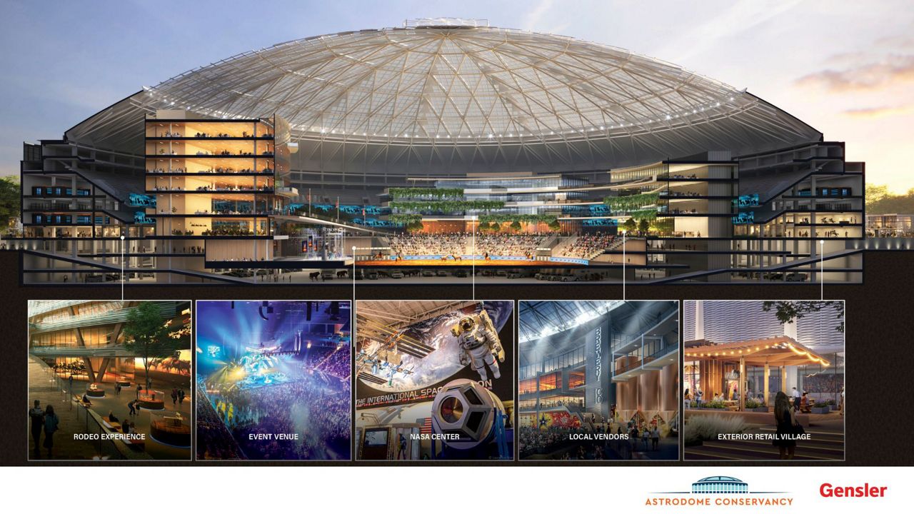 This artist rendering provided by Gensler Architects, shows some of the proposed mixed use spaces for renovations of the now dormant Astrodome unveiled during a press conference put on by the Astrodome Conservancy, Wednesday, Nov. 13, 2024, in Houston. (Gensler Architects via AP)