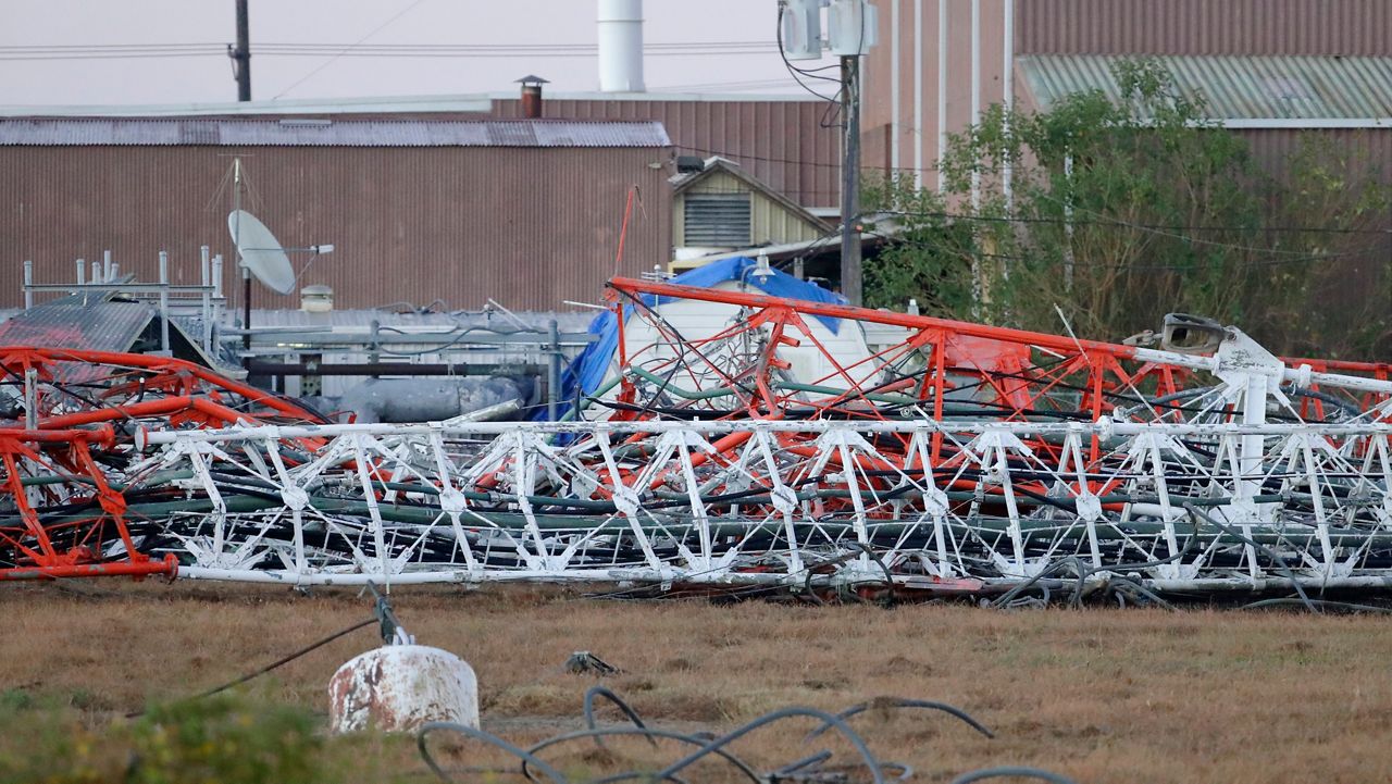 A view from the north side of the collapsed radio tower where a helicopter collided with the structure, killing all aboard Monday, Oct. 21, 2024 in Houston. (Michael Wyke/Houston Chronicle via AP)