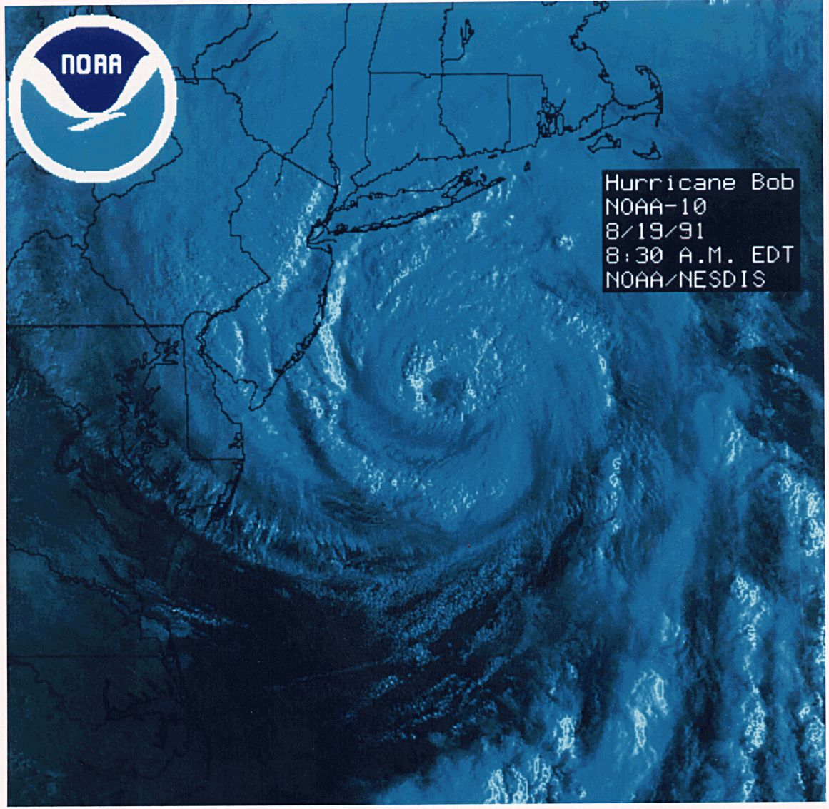 Satellite image of Hurricane Bob near peak intensity on the morning of Aug. 19, 1991. (NOAA)