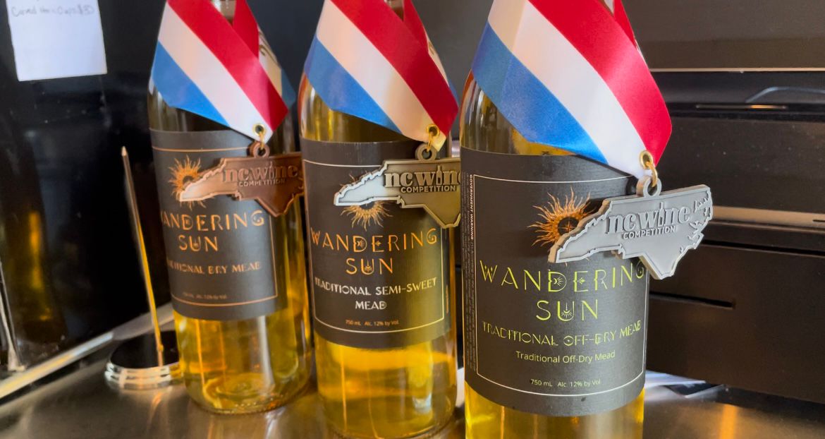 Medals won by Wandering Sun Meadery earlier this year.