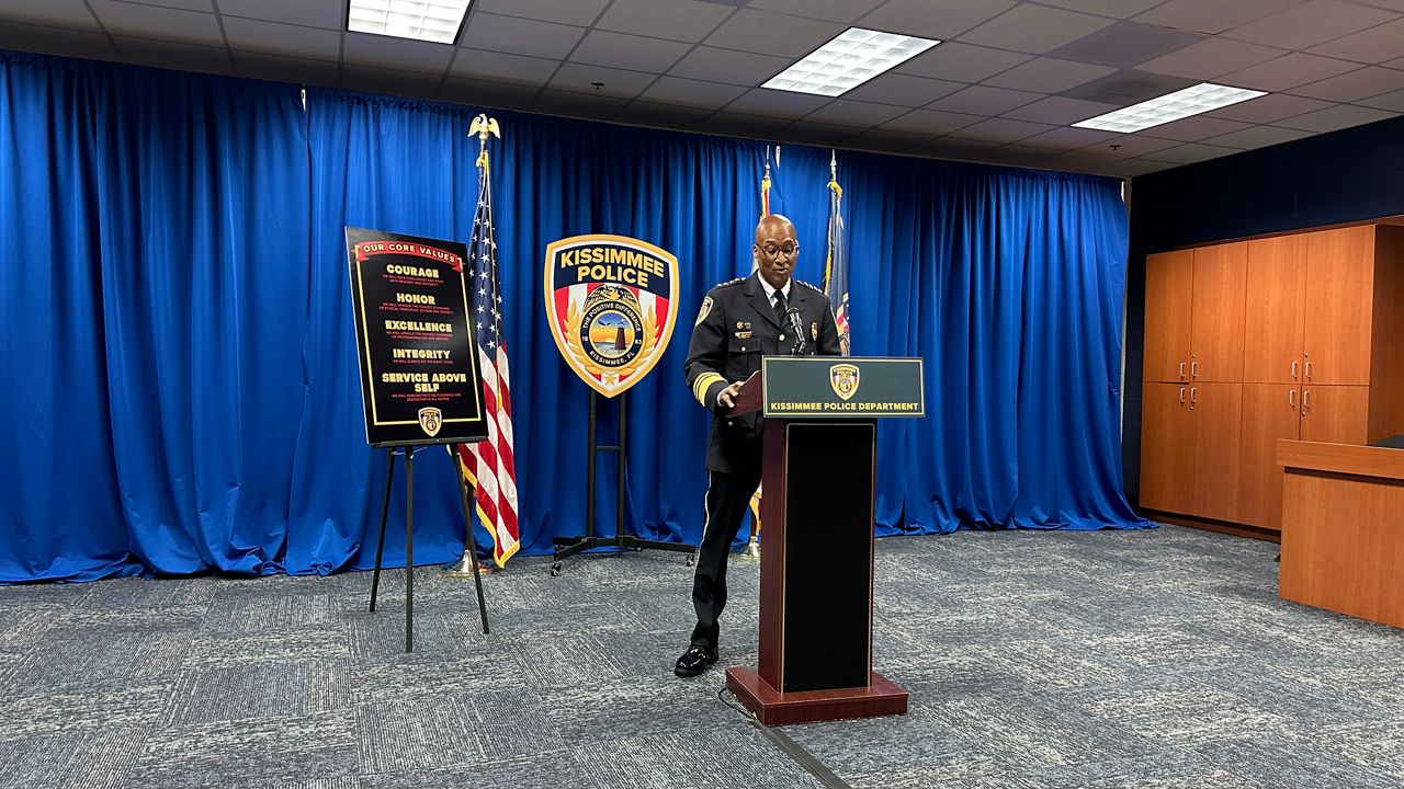 Kissimmee Police Chief Charles Broadway shares details of an internal investigation on Wednesday involving 13 named Kissimmee Police officers. (Spectrum News/Jordan Mead)