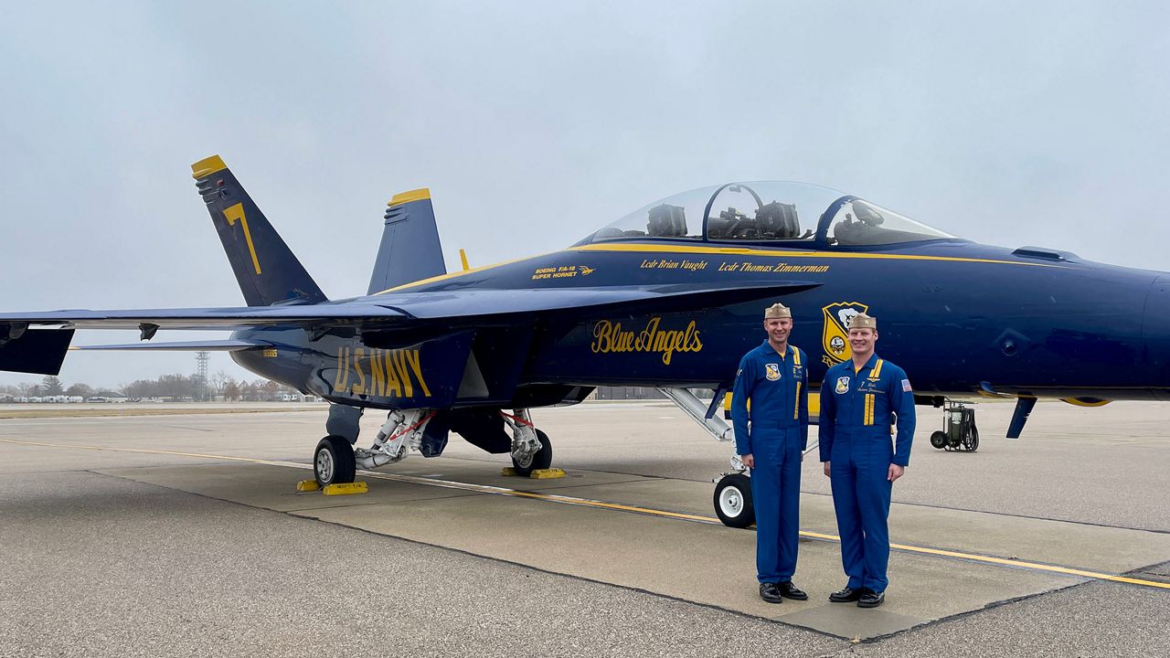 From left, Blue Angel No. 8, Lt. Cmdr. Brian Vaught, and Blue Angel No. 7, Lt. Cmdr. Thomas Zimmerman, flew into Scott Air Force Base Tuesday morning to help plan for the Scott Air Force Base Airshow and STEM Expo that is set for May 13-14, 2023.