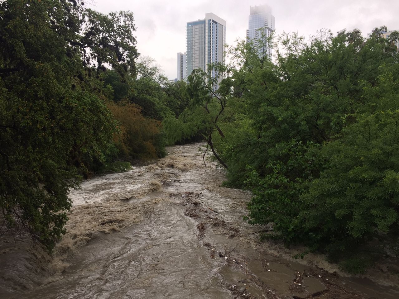 Rain filled up Shoal Creek in downtown Austin on Saturday, April 6, 2019. 