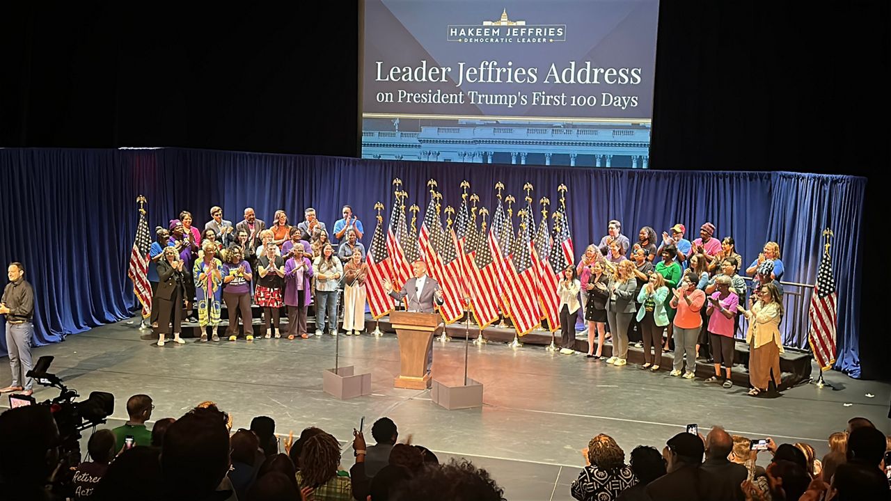 In a major speech timed to President Donald Trump's 100th day in office, House Democratic Leader Hakeem Jeffries railed against the president's handling of everything from international affairs to consumer prices. (Spectrum News NY1/Kevin Frey)