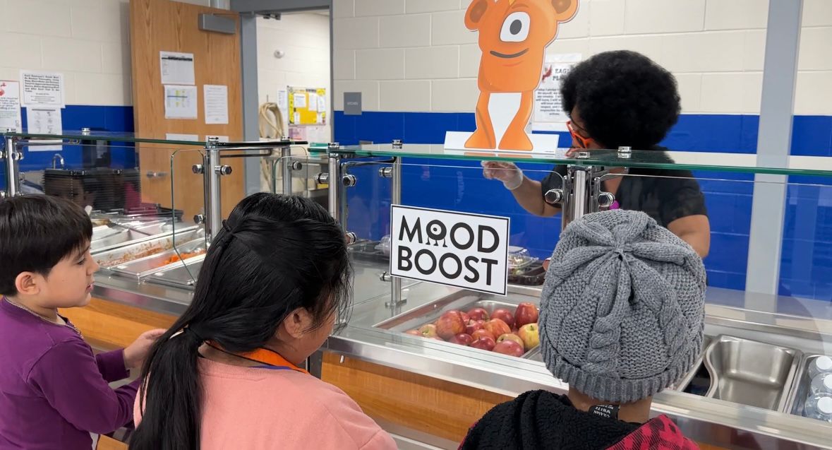 The Alert "Moodies" monster at the lunch line in Easton Elementary.