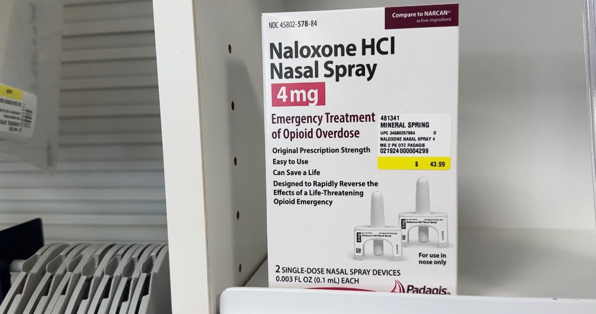 Box of OTC Narcan at Mineral Springs Pharmacy.