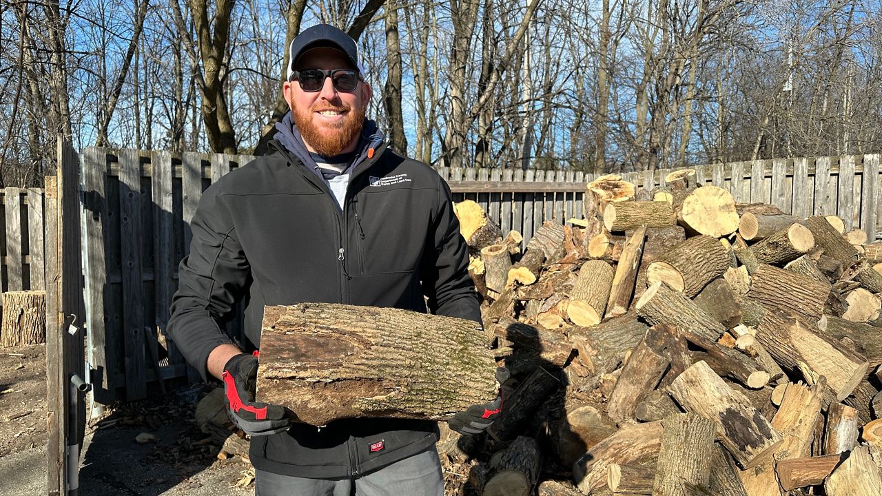 Dan Murray stands outside a wood pile at Musekgo Park 