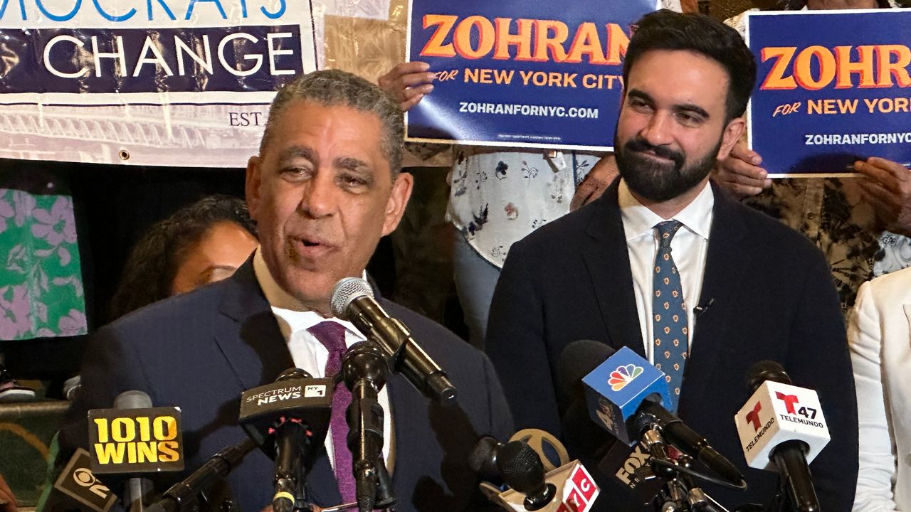 Rep. Adriano Espaillat, left, has endorsed Zohran Mamdani for New York City mayor ahead of November’s general election. (Spectrum News NY1/Daniel Huppert)