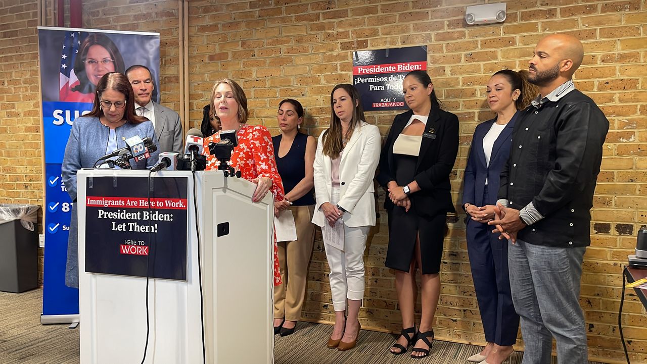 U.S. Rep. Kathy Castor speaks alongside other state leaders gathered on Thursday to discuss work permit expansions for long-term immigrants. (Spectrum News/Lizbeth Gutierrez)