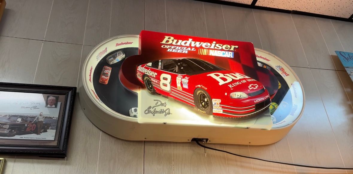 Dale Earnhardt Jr. Budweiser light in Mike Staley's garage.